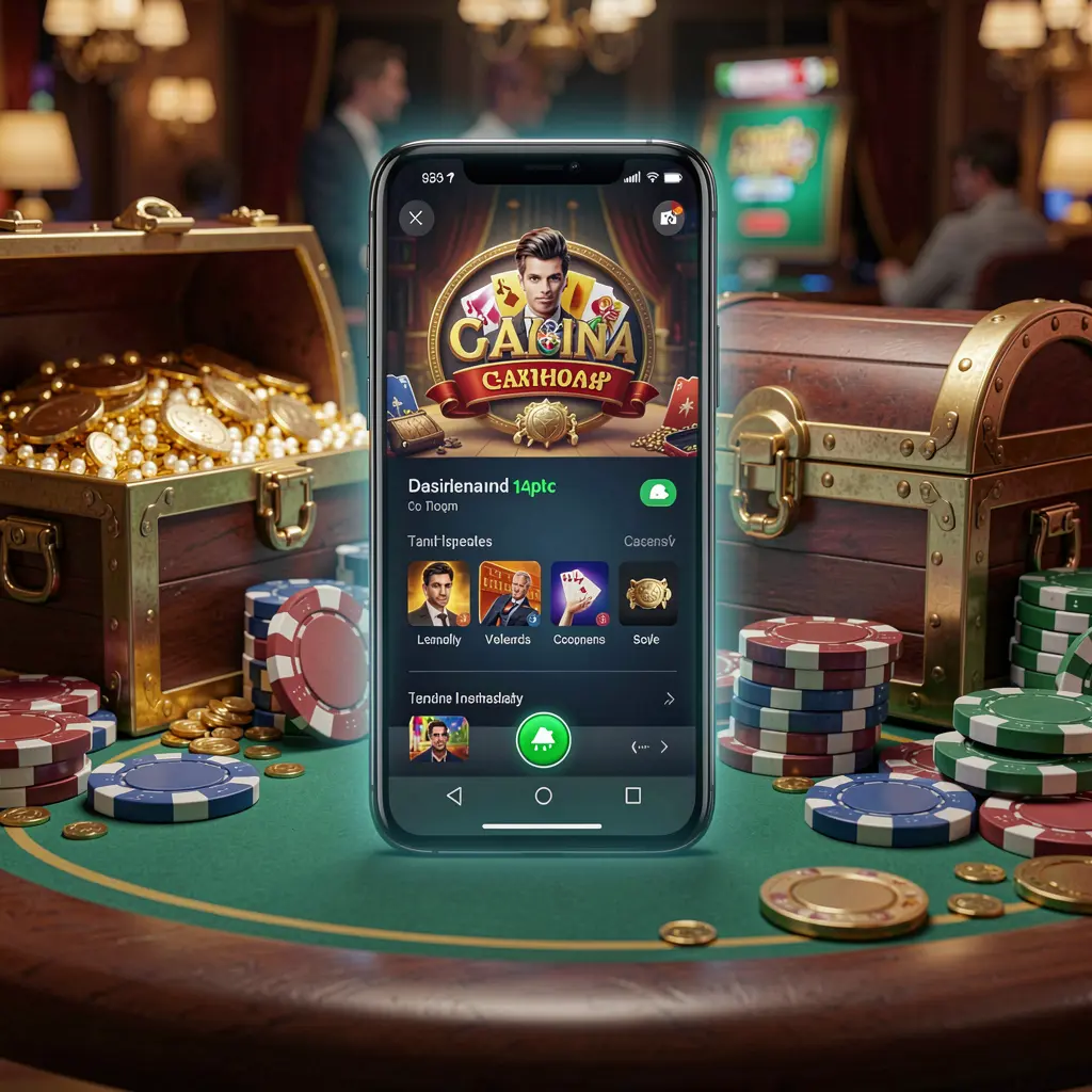 Glowing smartphone displaying the XN926 Casino APK app with Android-style layout, surrounded by a treasure chest, chips, and coins in a luxurious 3D render