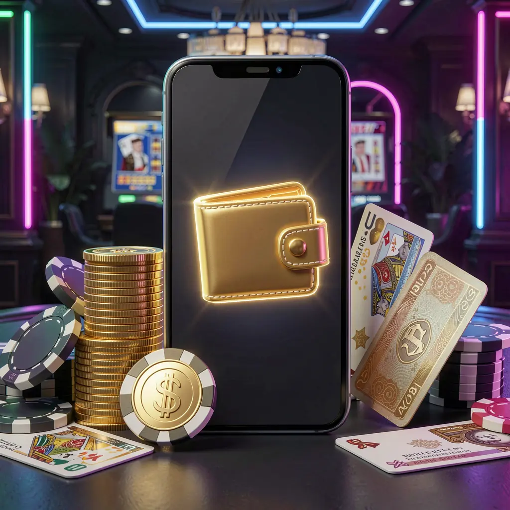 XN926 online casino deposit bonus concept with a smartphone screen displaying a glowing wallet icon surrounded by stacks of golden coins, poker chips, and bank cards on a dark luxury background with neon highlights