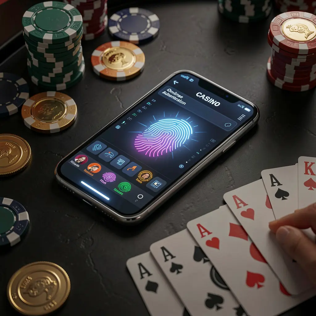 XN926 online casino authentication concept showing a phone with a glowing fingerprint scan on a premium black table surrounded by poker chips, golden coins, and playing cards in a cinematic 3D render