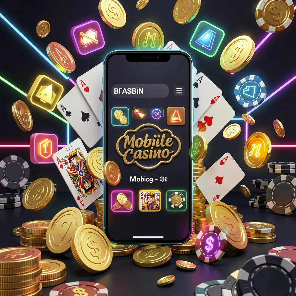 XN926 mobile casino homepage concept featuring a smartphone surrounded by golden coins, chips, cards, and glowing icons on a modern dark background with neon accents
